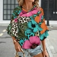 thumbnail image 3 of Tropical Flowers Leopard Print Fabric Women's V-Neck Blouse With 3/4 Ruffled Bell Sleeves Casual Top Ladies Blouses, 3 of 7