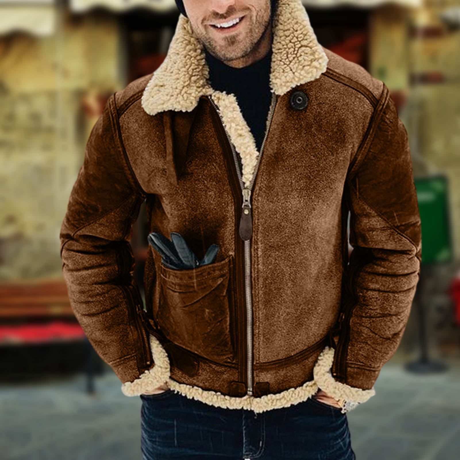 mens plush leather stitching cotton jacket