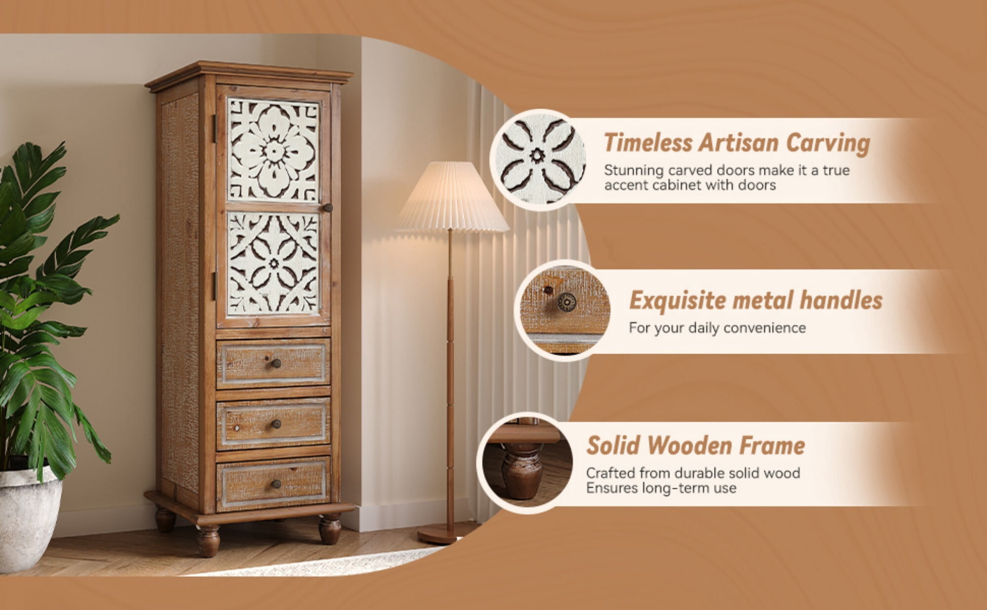 AENKYO 54" Tall Storage Cabinet, Hand-Carved Floral Door & 3 Drawers, Slim Wood Organizer, Natural Wood & Whitewash