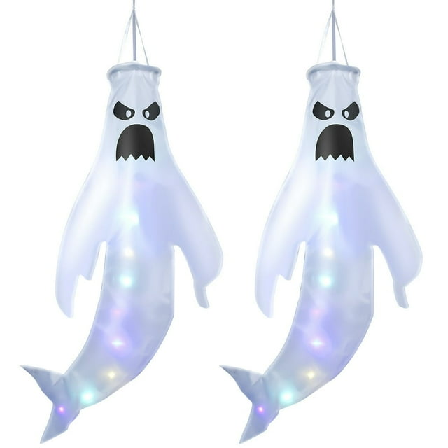 2PCS Halloween Ghost Windsock Flag with 3.2ft Color String Light 43” Light Up Halloween Ghost Windsock Hanging Decoration Waterproof Glowing Hanging Ghost for Garden Yard Patio
