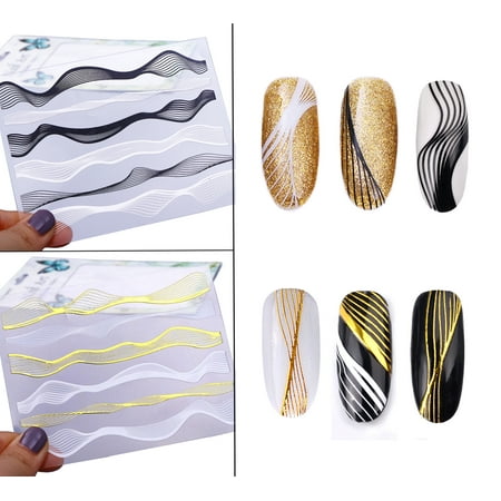 - Beaute Galleria - 2 Sheets Metallic Wave Striping Design 3D Nail Art Self-Adhesive Sticker Tape for Nail Decals Tips Decoration Manicure