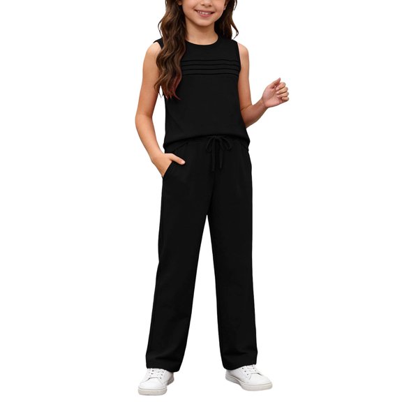 OGLCCG Two Piece Sets for Girls Summer Matching Vacation Travel Lounge Outfits Pleated Front Sleeveless Top and Wide Leg Pants 3-13 Years