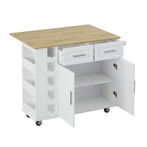Homycasa Rolling Kitchen Island with Wine Rack&Drop-Leaf Countertop-White