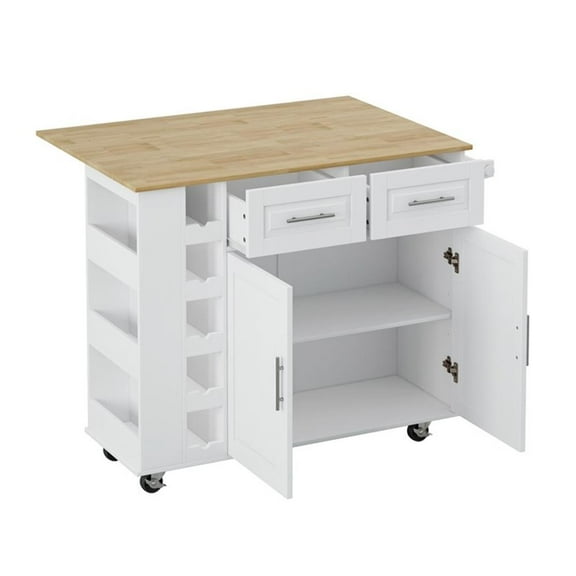 Homycasa Rolling Kitchen Island with Wine Rack&Drop-Leaf Countertop-White