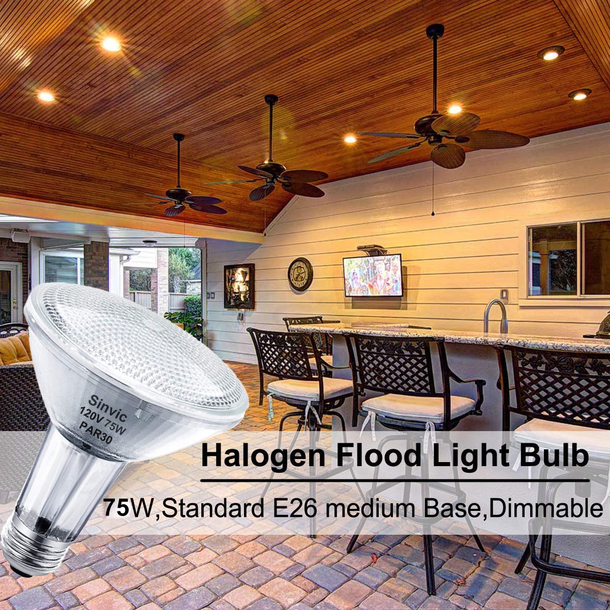 6PCS Sinvic Dimmable PAR30 Long Neck (PAR30L) Halogen Flood Bulbs Light, 75W 120V E26 Base Warm White for Recessed