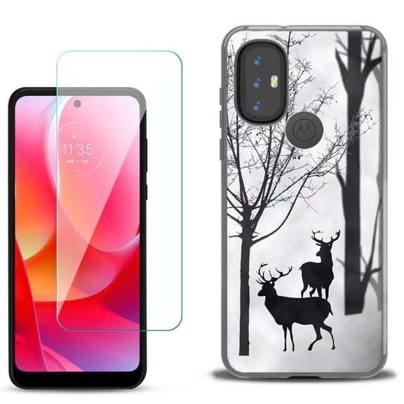 Slim-Fit Gel TPU Phone Case for Motorola Moto G Power 2022, with Tempered Glass Screen Protector, by OneToughShield ® - Forest Deer