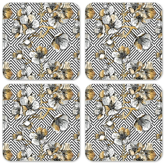 Vinyl Drink Coasters - Set of 4 - White & Gold Flowers