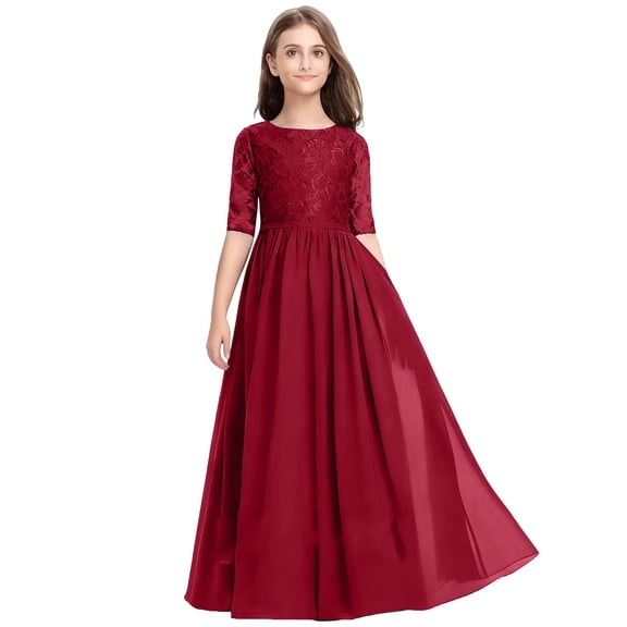 CPNG Girls' Sophisticated Half-Sleeve Lace Bodice Floor-Length Chiffon Dress – Elegant Formal Gown for Flower Girl, Wedding Guest, Holiday Parties & Special Occasions