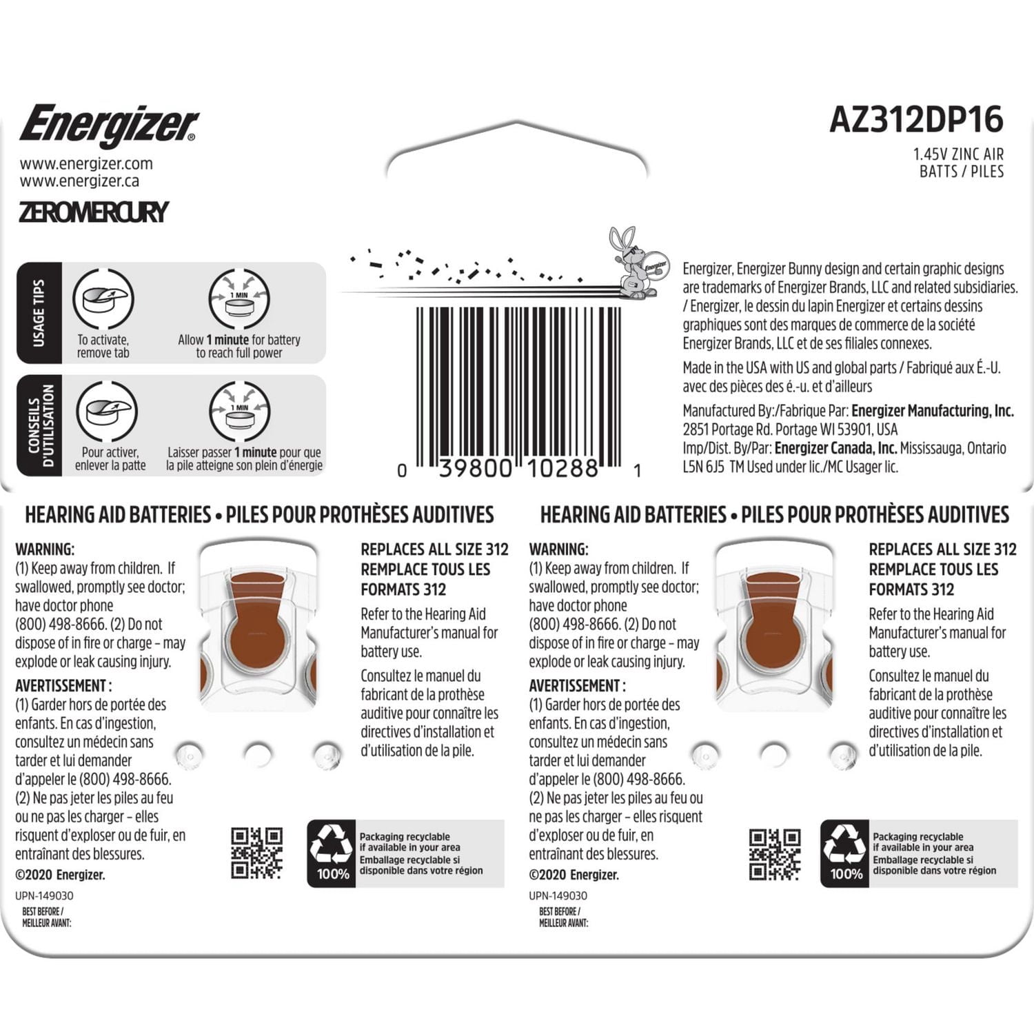 Energizer Hearing Aid Batteries Size 312, Brown Tab, 16 Pack