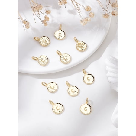 10Pcs Alloy Pendants Cadmium Free & Nickel Free & Lead Free Flat Round with Alphabet Real 18K Gold Plated Letter C 17x11.5x1.5mm Hole: 2.5mm
