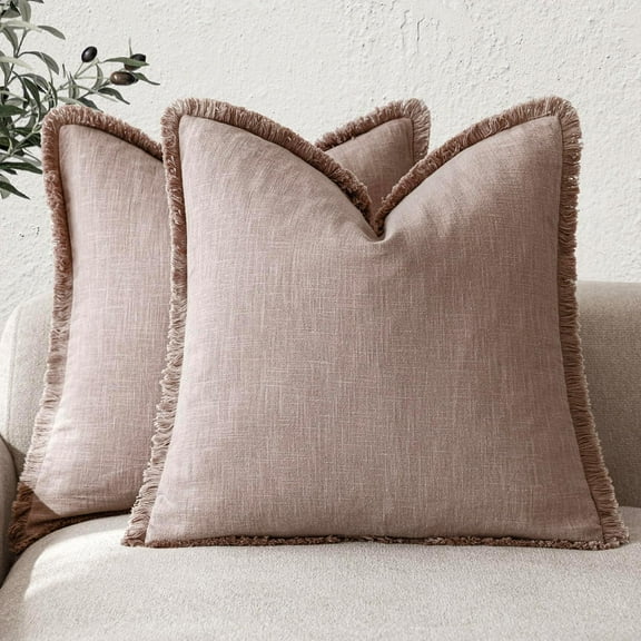Set of 2 Decorative Linen Fringe Throw Pillow Covers Boho Farmhouse Cushion Cover with Tassels Soft Accent Pillowcase for Couch Sofa Bed Living Room Home Decor,20×20 Inch,Dusty Pink