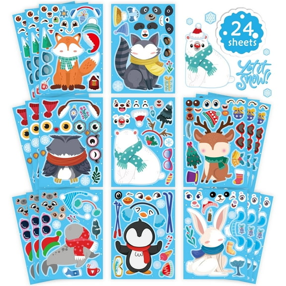 24 Sheets Winter Stickers for Kids Toddlers, Make a Face Stickers, Create Your Own Stickers, 8 Designs with Animal, Owl, Penguin, Snowman, Bear, Party Decor Supplies