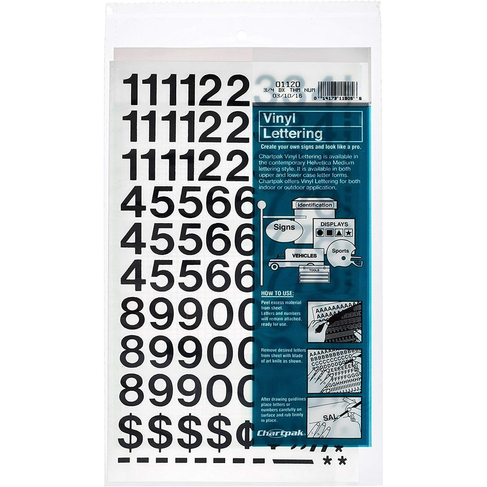 Chartpak SelfAdhesive Vinyl Numbers, 3/4 Inch High, Black, 222 per