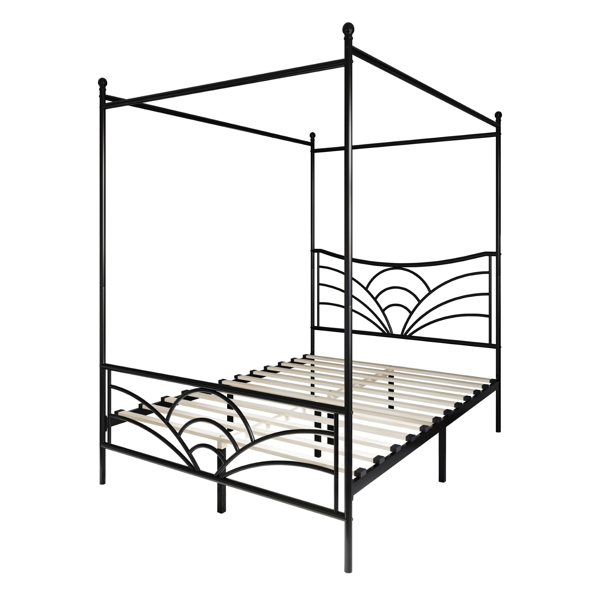 Home Design Denver King Metal Canopy Bed Frame with Arched Headboard and Central Support Leg, Black, Easy Assembly