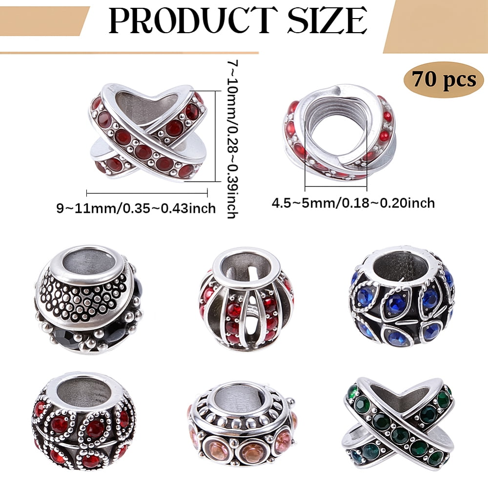 5 Styles 70PCS European Large Hole Beads Alloy Rhinestone Silver Barrel Letter X Rondelle Leaf Metal Charms Loose Spacer Bead