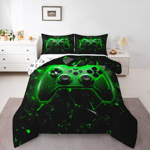 Video Games Comforter Set Twin Size,Gamepad Bedding Set 2Pcs,Teens Game Room Decor,3D Geometric Honeycomb Quilt Set Modern Gamer Green Black Duvet Insert,1 Pillowcase