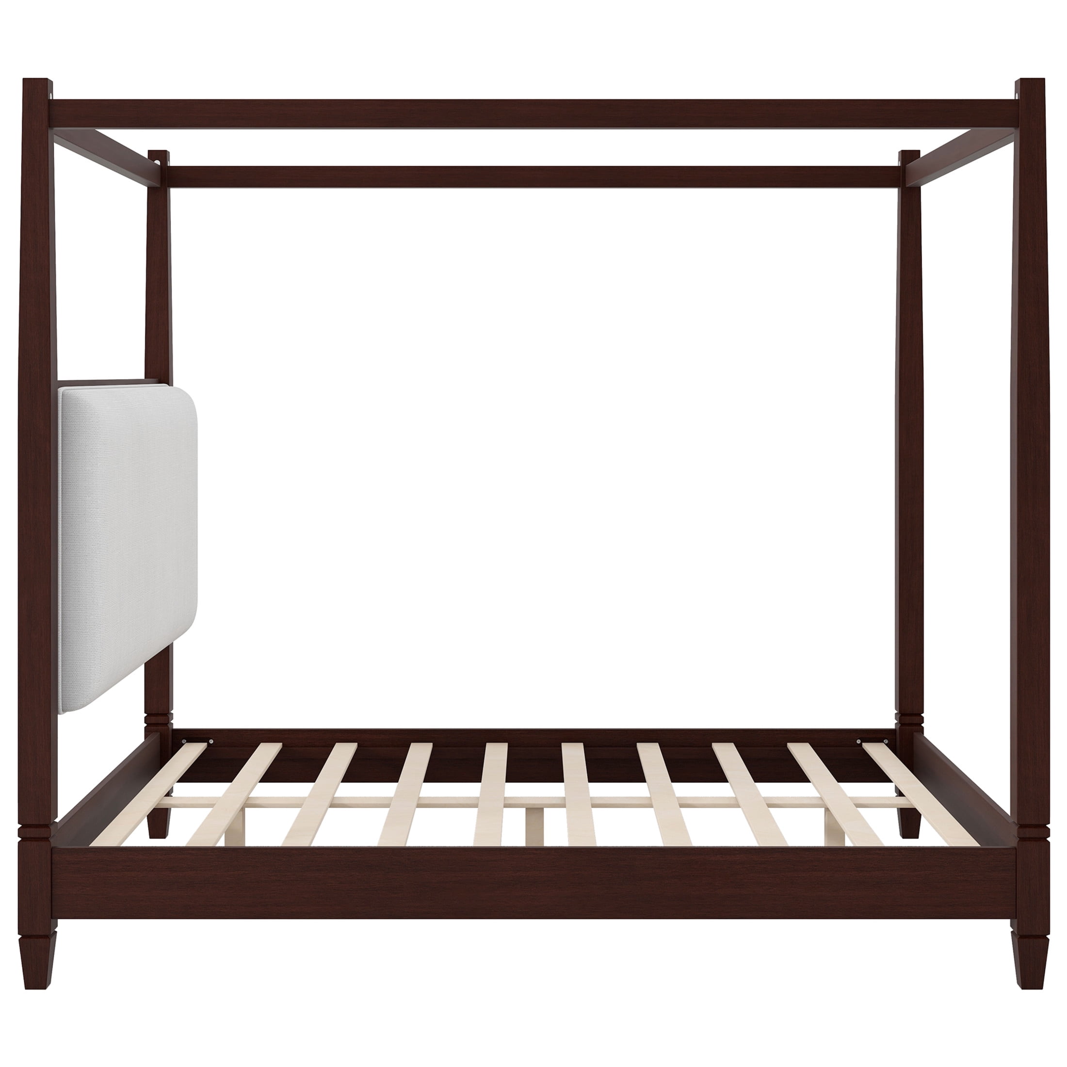 Noble House Yervon Queen Size Wooden Canopy Platform Bed with Upholstered Headboard and Tapered Legs, Espresso