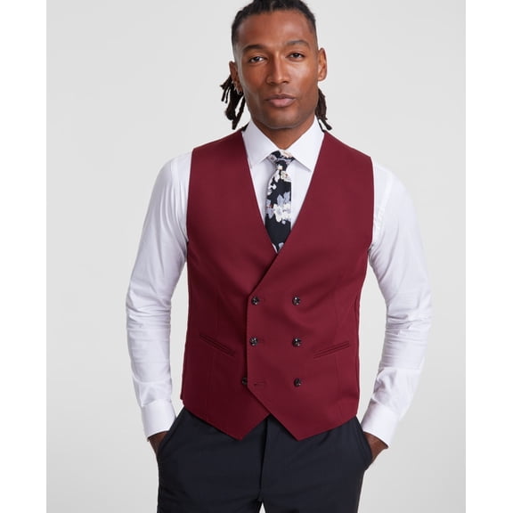 Tayion Mens Classic Fit Double Breasted Button-up Suit Vest Large Red Solid