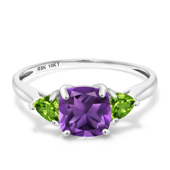 Gem Stone King 10K White Gold Purple Amethyst and Green Peridot 3-Stone Engagement Ring for Women (1.92 Cttw, 7MM Cushion and 4MM Trillion, Size 7)