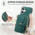 thumbnail image 5 of Allytechgroup for iPhone 17 Wallet Case with Crossbody Strap, Vintage PU Leather Large Zipper Pocket Cards Slots Stand Shockproof Wallet Case Cover for iPhone 17, Green, 5 of 7