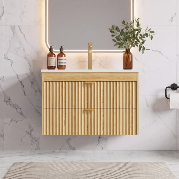 ASTUVIA 30" Modern Fluted Bathroom Vanity with Sink, Wall Mounted Floating Cabinets with Double Drawers, Resin Sink Combo Set with Golden Handle,Natural