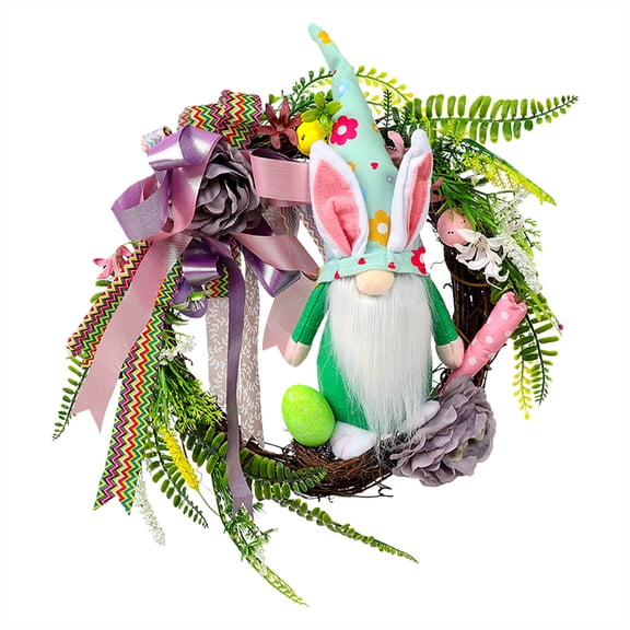 MXTPOV Plush Gnomes Wreath with Ribbons Flowers, Long-legs Gnome Spring Wreath for Wall Decor, Exquisite Easter Wreaths for Front Door, Easter Decorations