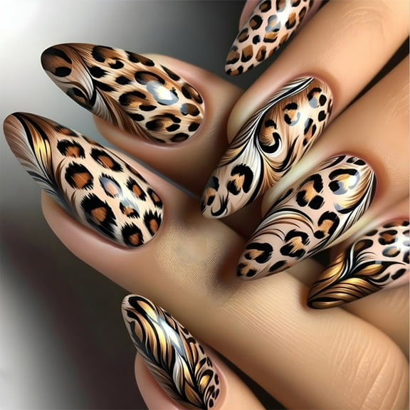 GENEMA Almond Press On Nail Leopard False Nail Long Stick on Nail for Everyday Use