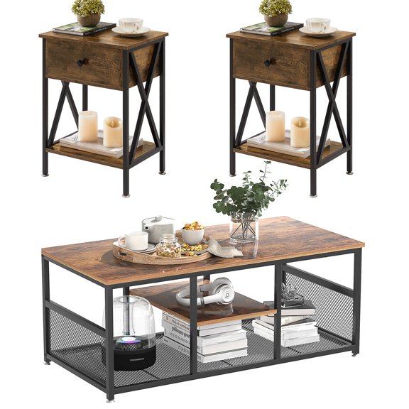 VECELO 3-Piece Coffee Table Set for Living Room, Industrial Wood Coffee Table and 2 End Tables, Gray