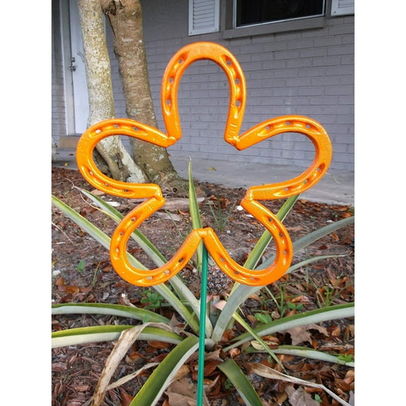 Orange Horseshoe Flower, Metal Garden Stake, Spring Yard Art, Lucky Horseshoe
