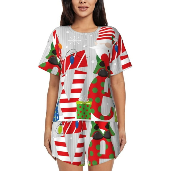 Logiee Christmas Gnome With Love Print Womens Pajamas Set,Short-Sleeve Pajama 2 Piece Sleepwear with Pockets-Small