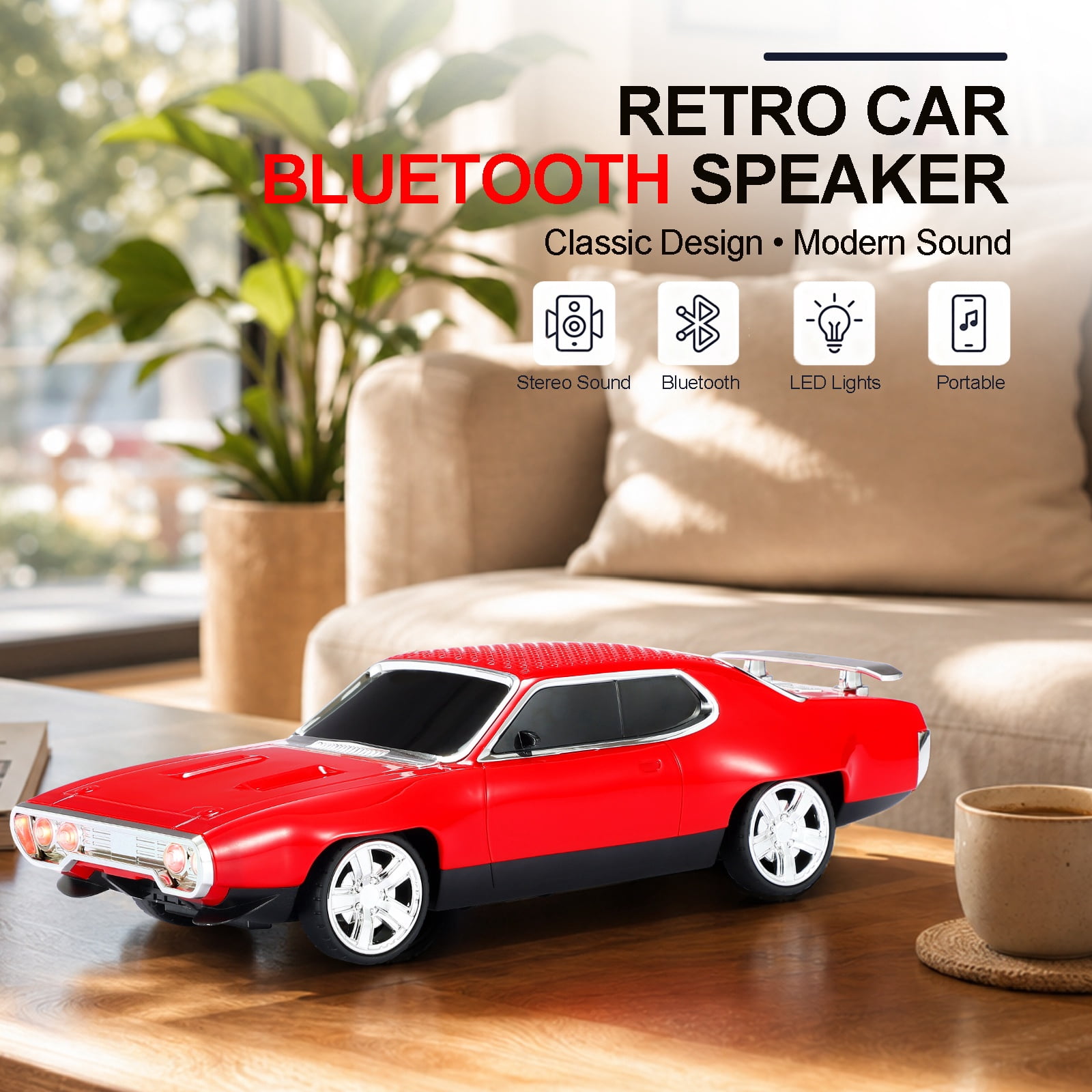 WSTER WS-620 Retro Muscle Car Portable Bluetooth Speaker, 2*5W Heavy Bass Wireless Speaker, Bluetooth 5.4, TWS Pairing, FM Radio, TF/USB, Hands-Free Call,The perfect gift for family and friends