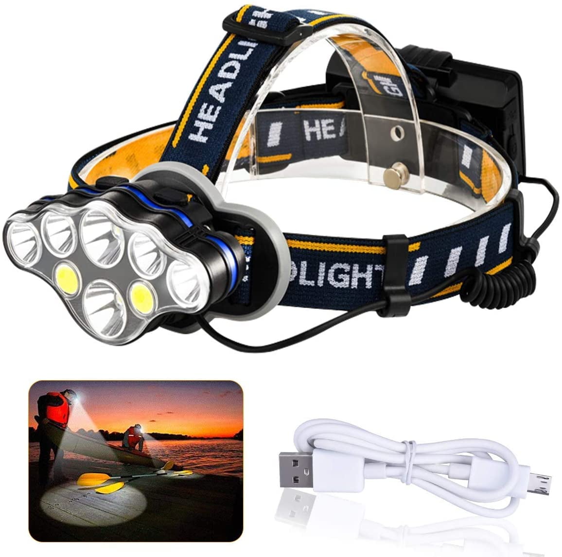 Headlamp,Brightest 18000 Lumen 8 LED 8 Modes Headlight with Red Warning Lihgt,USB Rechargeable Waterproof Headlight Flashlight,Super Bright Headlamp Flashlight for Camping,Fishing,Cellar,Outdoors 