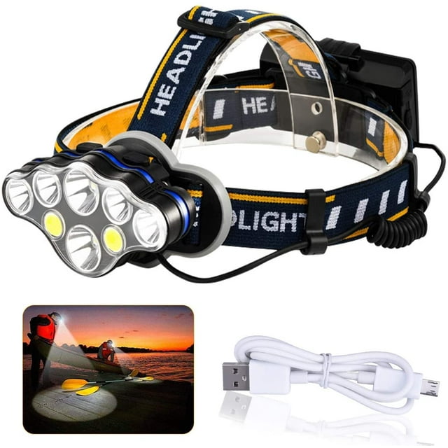 Lampe Frontale Rechargeable, Lampe Frontale 8 LED Lampe de Poche 18000 Lumens 8 Modes avec Lumières Rouges Câble USB, Lampe Frontale Étanche pour Camping Extérieur Cyclisme Course Pêche