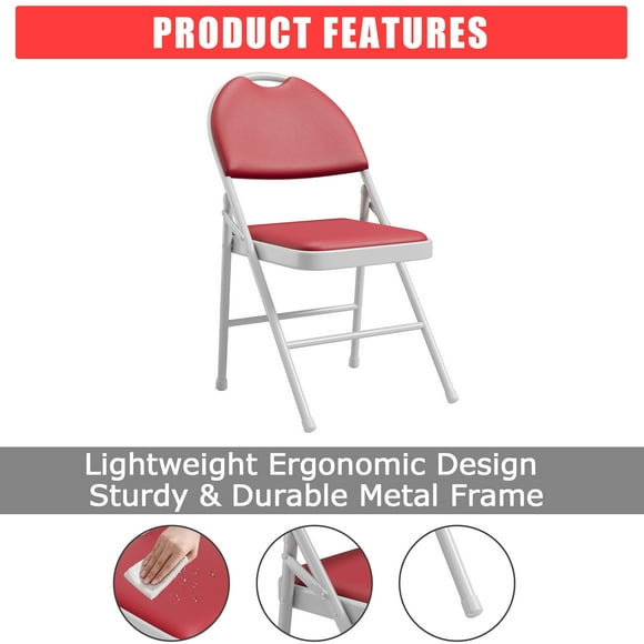 4-Pack Padded Folding Chairs – PU Leather Upholstered, Soft Cushioned Foldable Chairs with Metal Frame, Portable High Back Chairs for Office, Party, Dining Room – Red