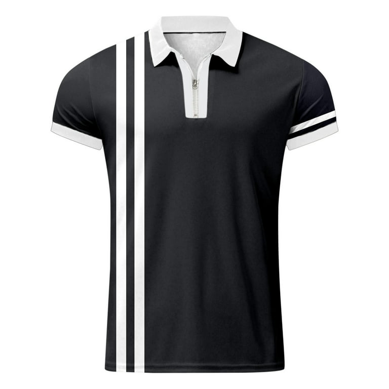 B91xZ Workout Shirts Male Casual Stripe Print Turn Down Zipper