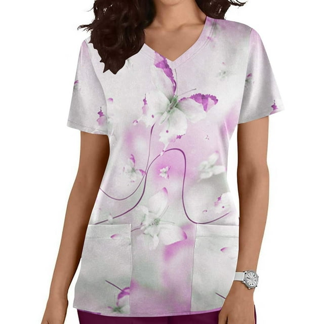 XZNGL Chemisiers à Manches Courtes pour Femmes Mode pour Femmes Hauts à Manches Courtes à Col en V Uniforme de Travail Imprimé Blouse avec Poche Hauts Femmes Hauts à Manches Courtes Femmes Blouse à Manches Courtes Hauts pour Femmes à Manches Courtes