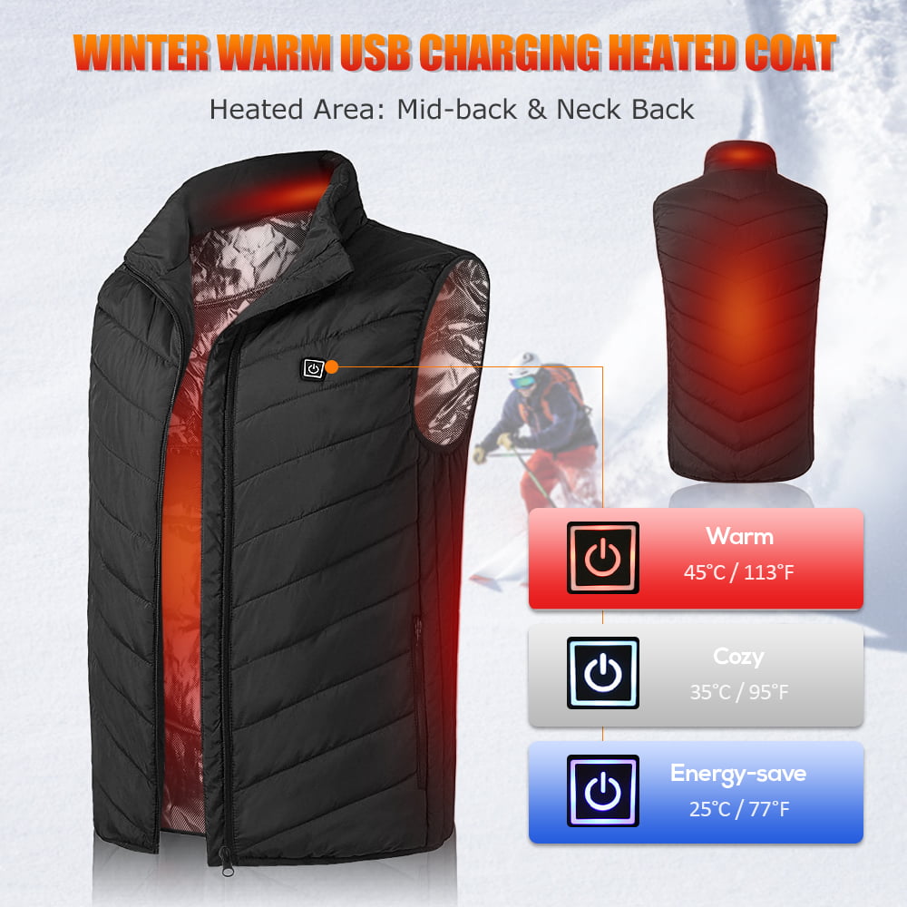 USB V-Neck Electric Heating Warmer Vest Clothes Temperature Adjustable Safe Washable Warmer Jacket Vest Convenient USB Connected Thermal Warmer Water Wind Proof Heated Waistcoat with 5 Heat Plate 