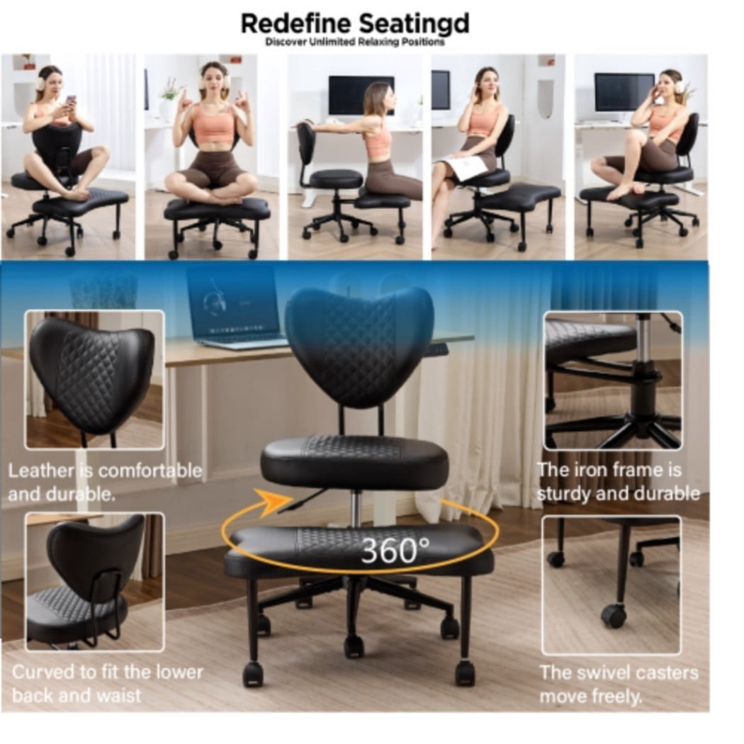 Meditation Chair, Ergonomic Cross Legged Office Chair with Lumbar Support, Height Adjustable Seat Cushion, 360° Swivel Casters, Black