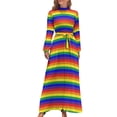 thumbnail image 2 of Striped Dress Colorful Stripe Print Modern Print Maxi Dress High Neck Long Sleeve Korean Fashion Boho Beach Long Dresses, 2 of 5