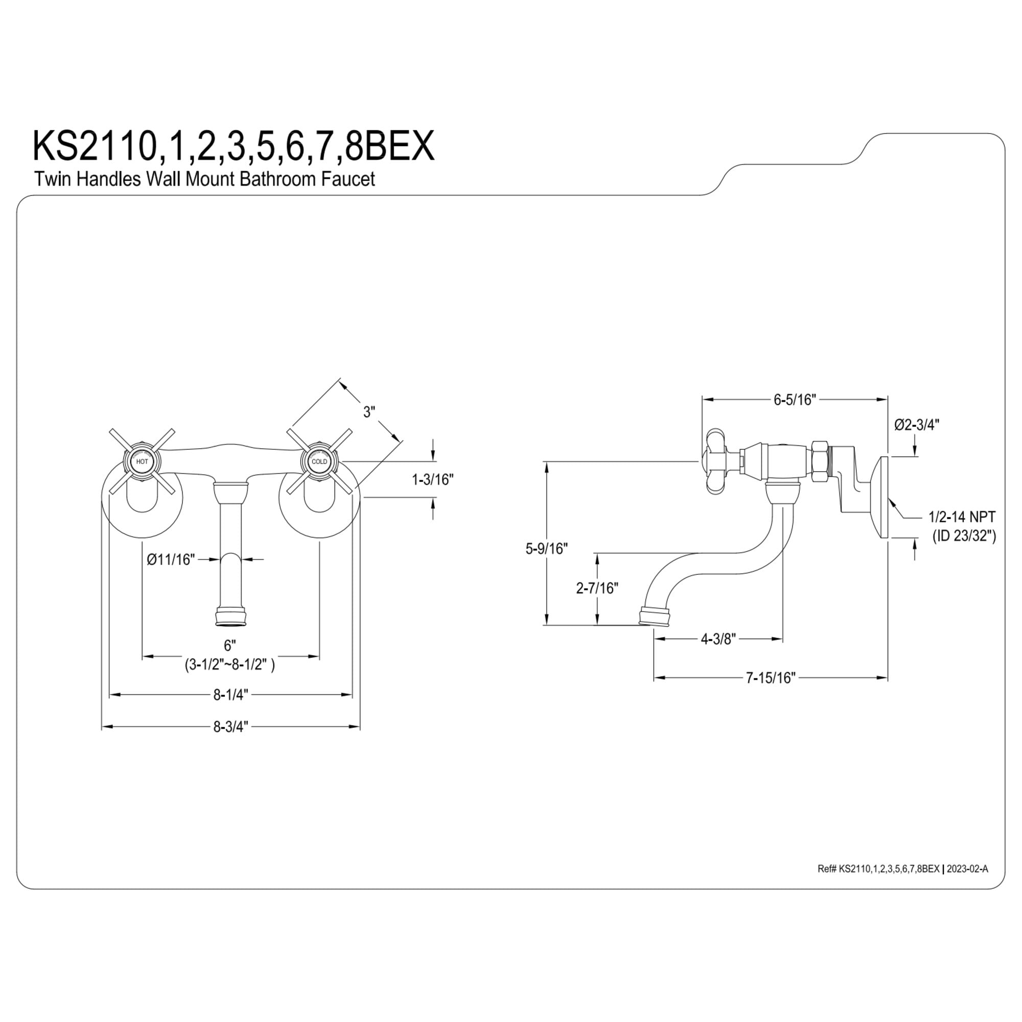 Kingston Brass KS2111BEX Essex Double-Handle 2-Hole Wall Mount Bathroom Faucet in Polished Chrome