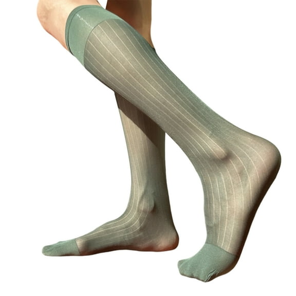Mens Nylon Sheer Suit Socks Business Dress Socks Elastic Wide Stripe See Through Formal Dress Over the Calf Stockings