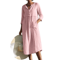 thumbnail image 2 of Women's Loose Fit Cotton Linen Midi Dress Round Neck Button Down 3/4 Sleeve Casual Vacation Outfit with Pockets Flowy Lightweight Party Wear Stylish Chic Solid Color Pink S, 2 of 4