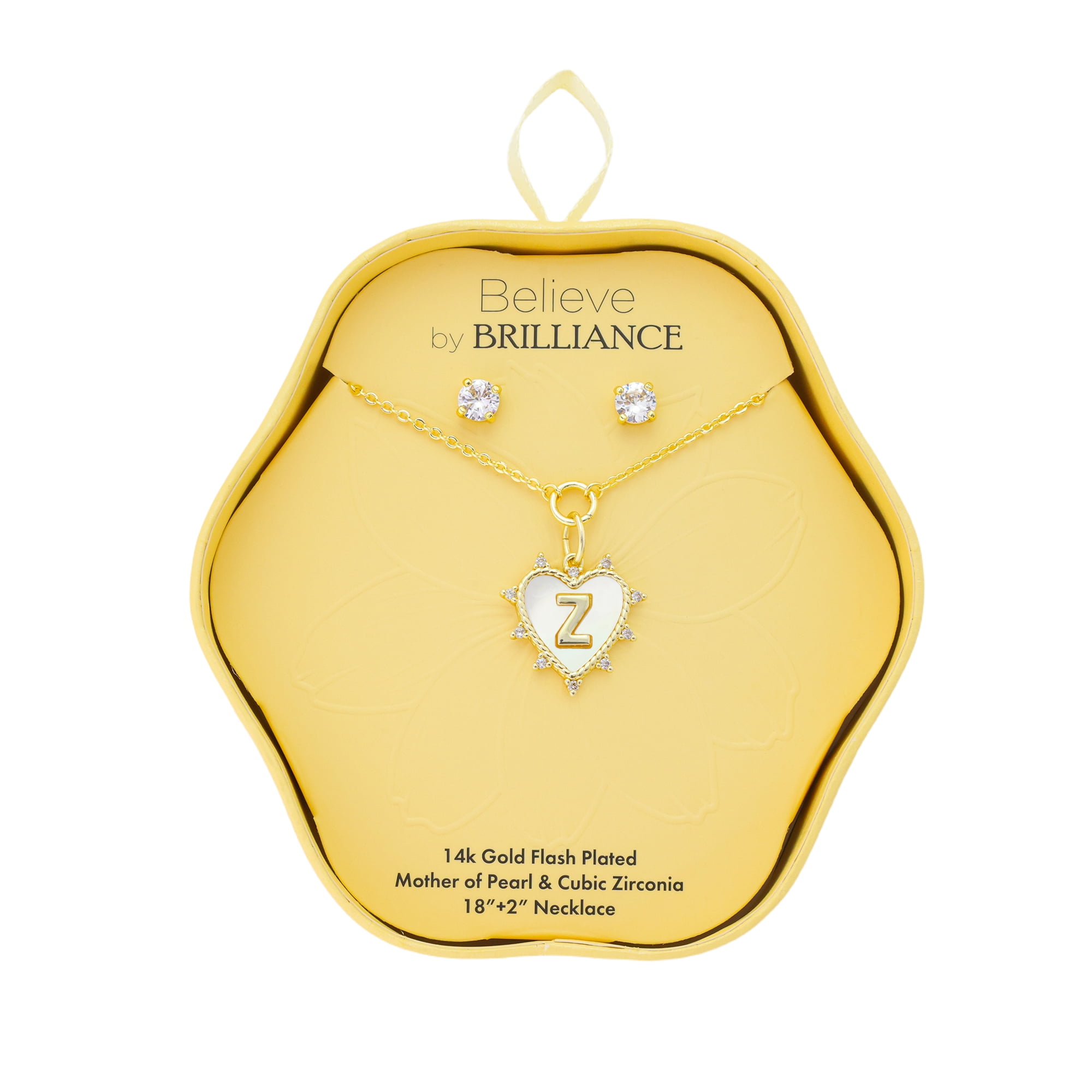 Believe by Brilliance Women's 14Kt Gold Flash Plated Mother of Pearl and Cubic Zirconia Heart "Z" Necklace and Earring Set