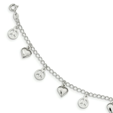 Womens Peace Bracelet - 925 Sterling Silver Peace Sign Heart Bracelet 7.5 Inch /love For Women