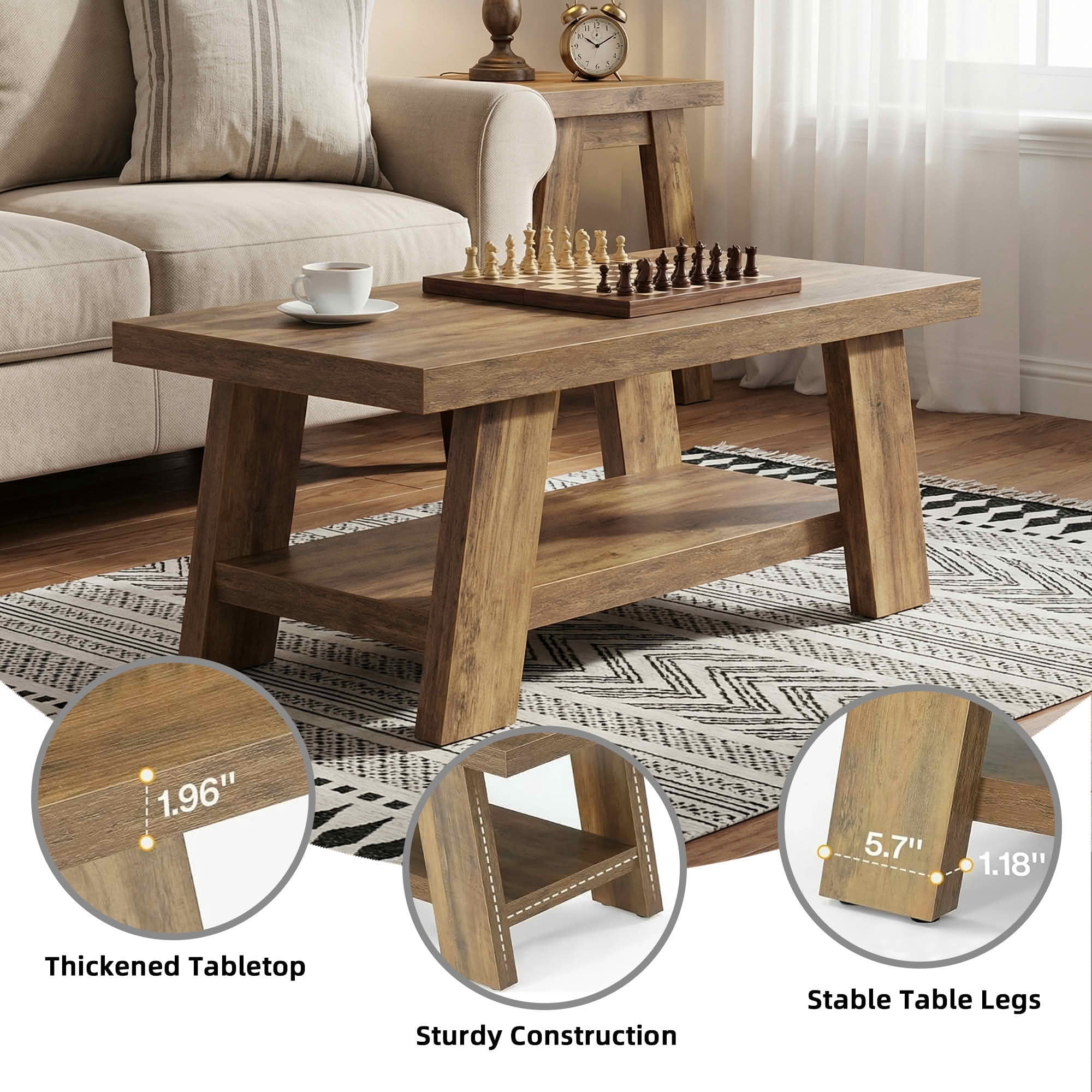 MAYEETY 47 Inch Farmhouse 2-Tier Coffee Table Storage Living Room Table