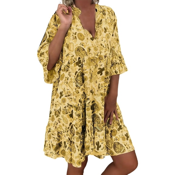 ZHOGXU Summer Dresses For Women Floral Print 3/4 Sleeve V Neck Midi Dress Elegant Casual Dress,Yellow,XXXXXL