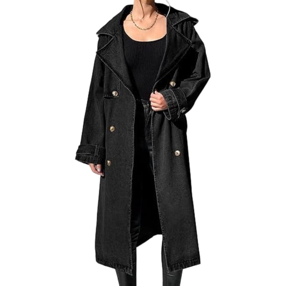 Women Denim Long Coat Buttons Classic Denim Collared Jacket