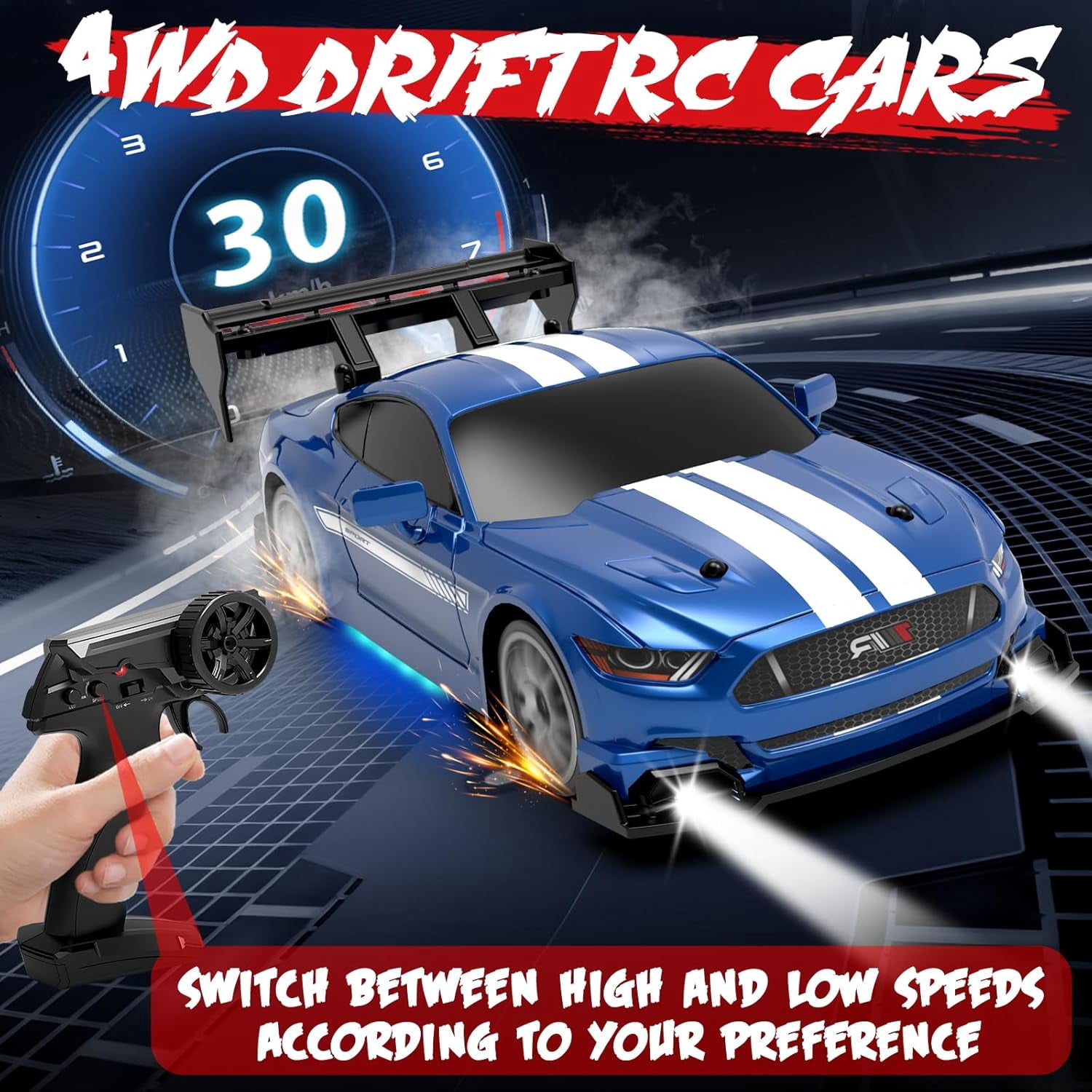 AIGIA 1:24 Scale RC Drift Car 30KM/H 4WD 2.4GHz Remote Control Cars with LED Light High Speed RC Racing Cars Toy Gift