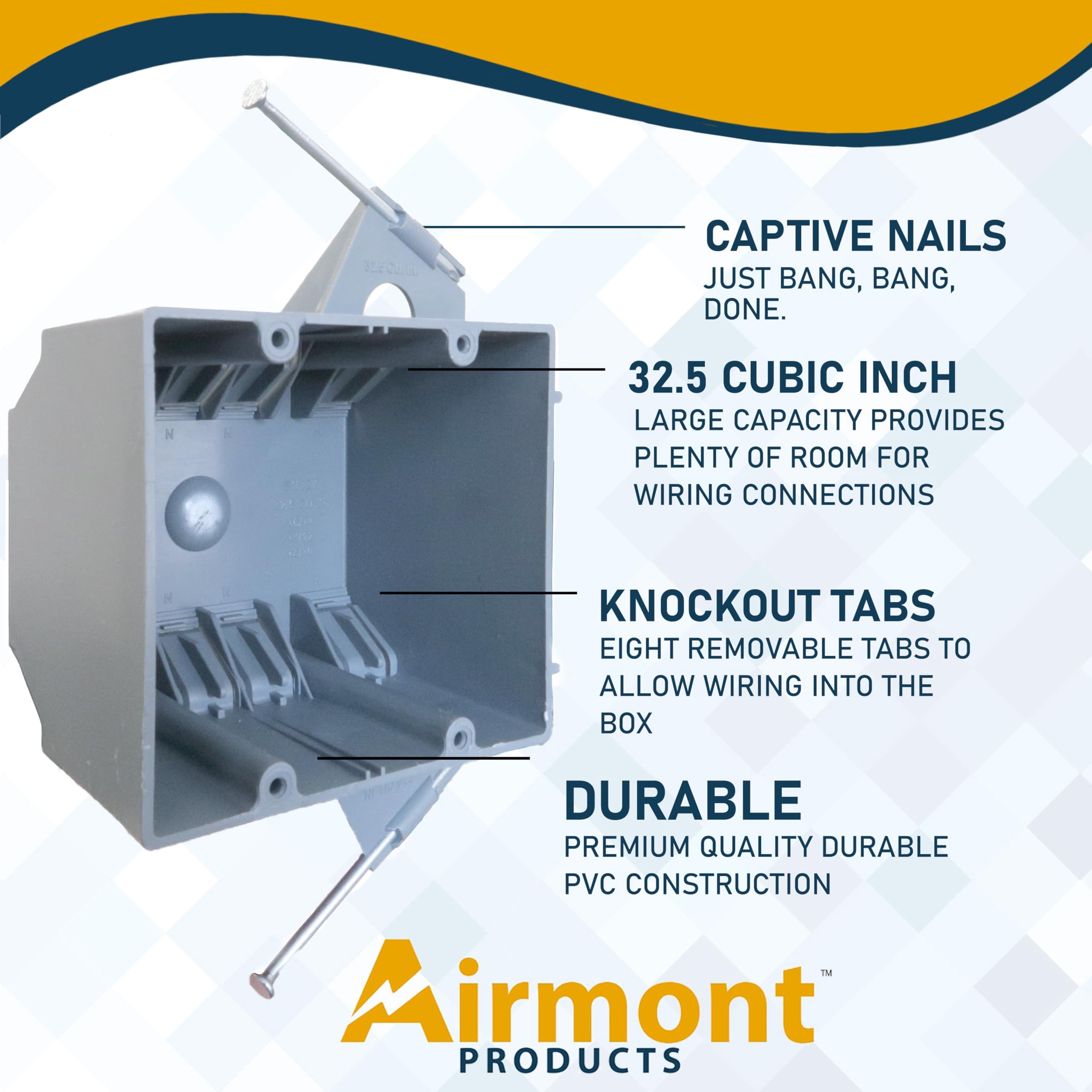 6 Pack 2-Gang PVC Electrical Box, Grey Outlet Box, Two Gang New Work Junction Box, Captive Nails, 32 cu. Inches, Length 3-3/4'', Width 2-1/4'', Depth 2-7/8'', 2 Hour Fire Rated Electrical Box