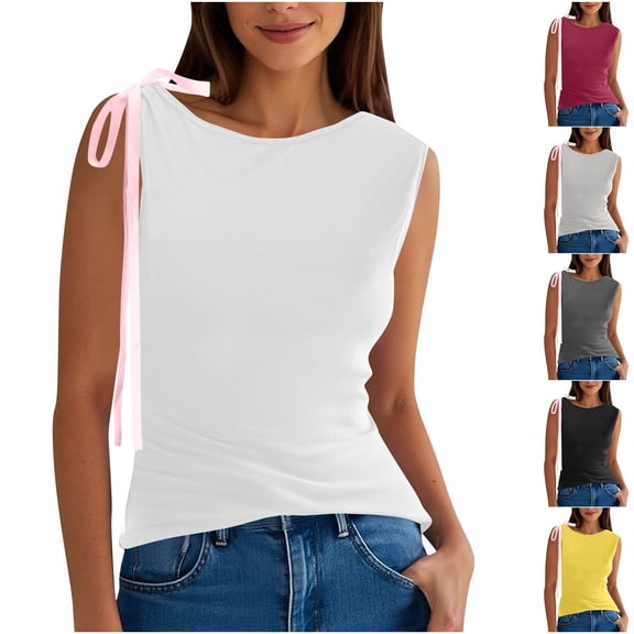 Bixock Tank Tops for Womens Sleeveless Blouse Solid Color Bow Detail Top Crew Neck One Shoulder Loose Casual Daily Fashion Shirts Beach Vacation Summer Clothes